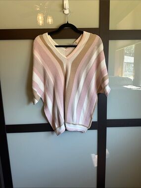 Chico's Striped V-Neck Short Sleeve Sweater in Pink, White & Tan size XL
